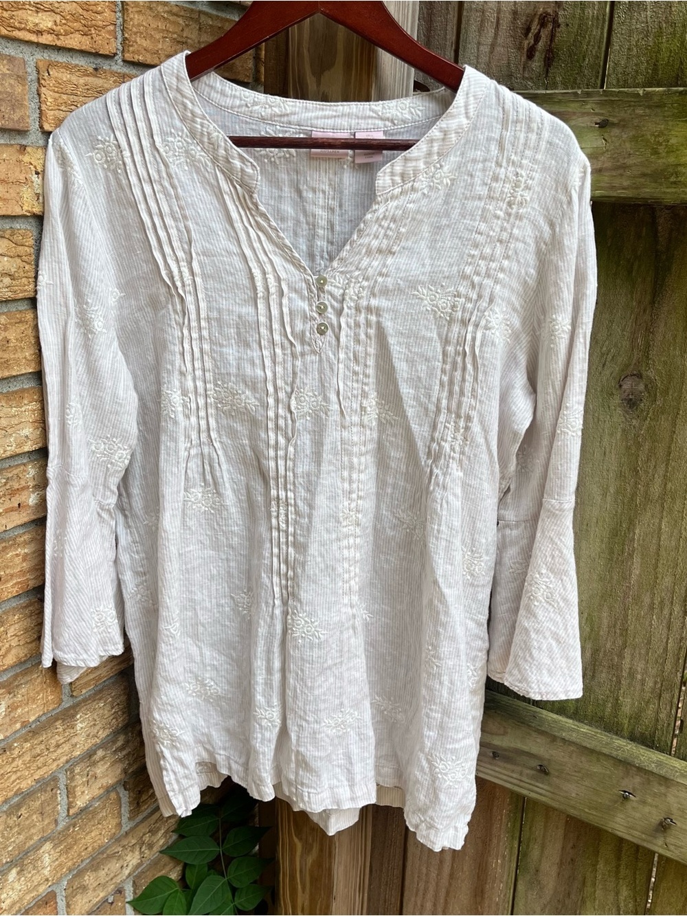 St. Tropez 100% Linen Embroidered 3/4 Sleeve Tunic Top Tan/White Striped